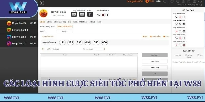 Các loại hình cược siêu tốc phổ biến tại W88 